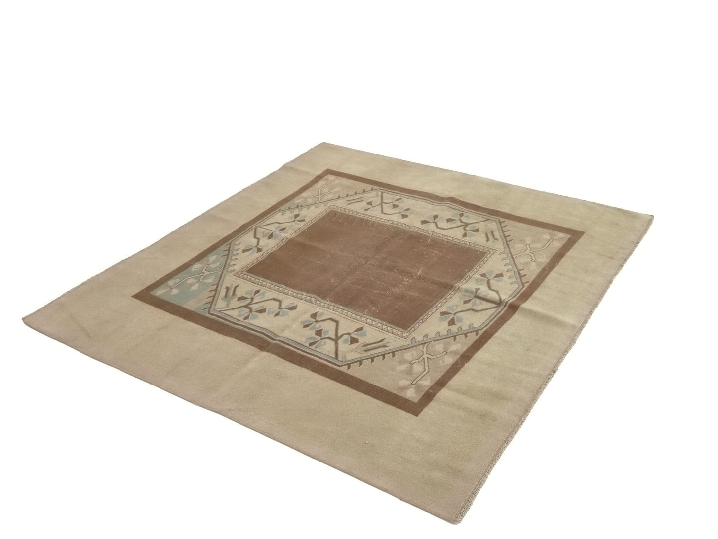 Square Handmade Turkish Rug Beige Vintage Area Rug 6x6 Unique Rare Find Oushak Carpet Rug Rug for Bedroom Made in Turkey 8717