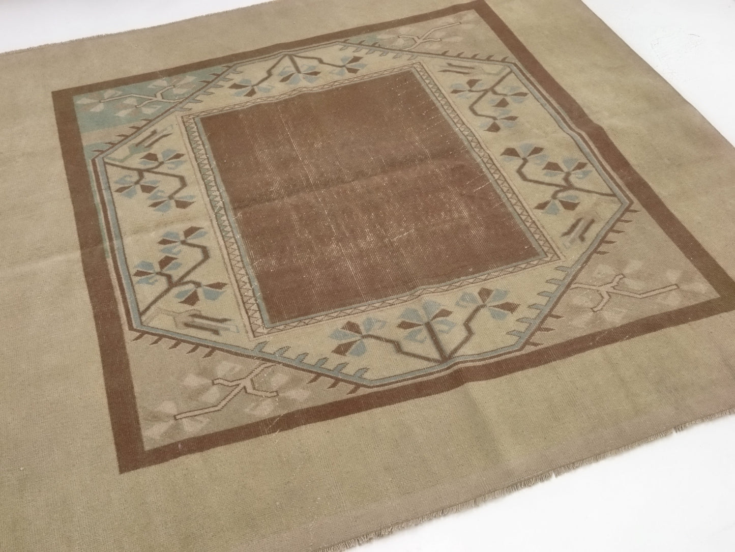 Square Handmade Turkish Rug Beige Vintage Area Rug 6x6 Unique Rare Find Oushak Carpet Rug Rug for Bedroom Made in Turkey 8717