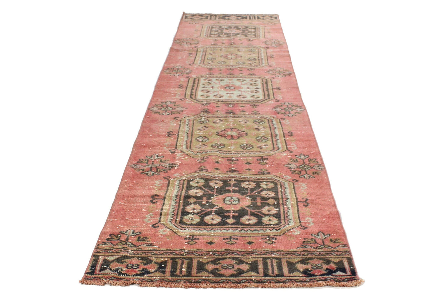 Vintage Runner Rug,Turkish Runner Oushak Runner Pink, 3x12 Rug Runner, Pink Navy Blue,Hallway Runner, Rug Carpet ,Boho,Eclectic,6368