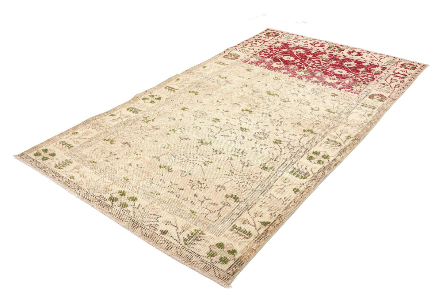 4x7 Pastel Beige Red Turkish Rug, Floral Handmade Area Carpet Rug, Oushak Vintage Rug, Entryway Rug, Bohemian Decor, Office Rug, 5934