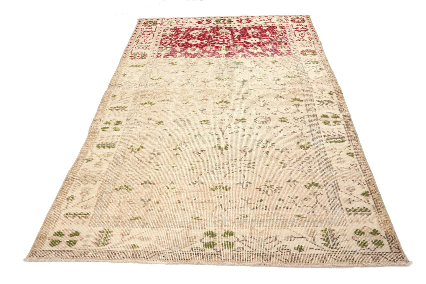 4x7 Pastel Beige Red Turkish Rug, Floral Handmade Area Carpet Rug, Oushak Vintage Rug, Entryway Rug, Bohemian Decor, Office Rug, 5934