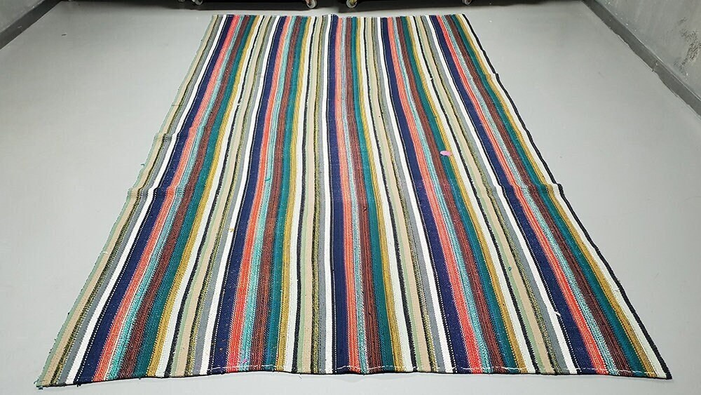 Rainbow Color Striped Rag Kilim rug, 6x10 Turkish Vintage Kilim Rug, Boho Area Chaput Kilim rug,Eclectic Decorative Rug,2651